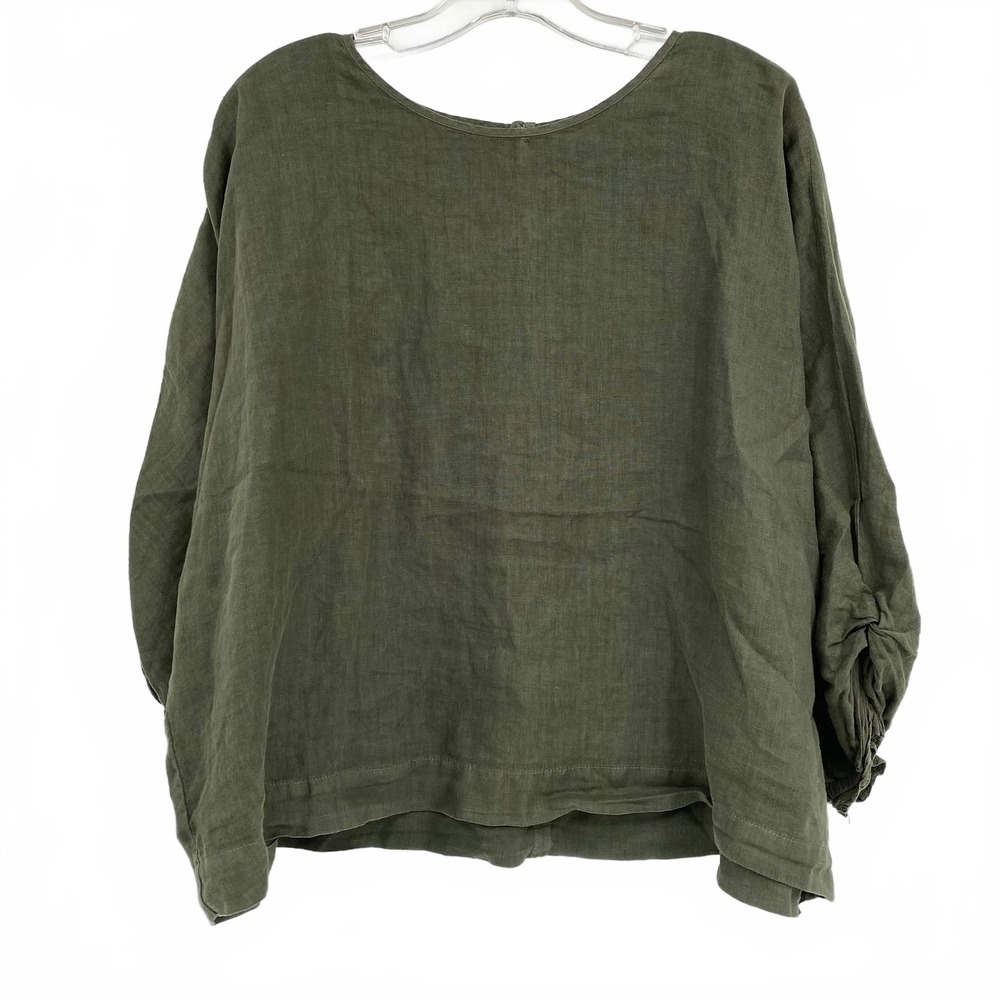 Velvet Green Linen Boxy Puff Sleeve Blouse | Women’s L